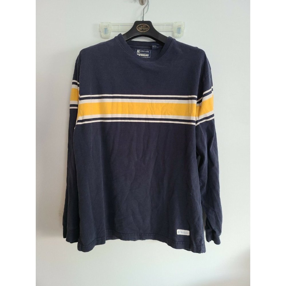 AMERICAN EAGLE BLUE W/YELLOW & WHITE STRIPE PULLOVER TOP  Large